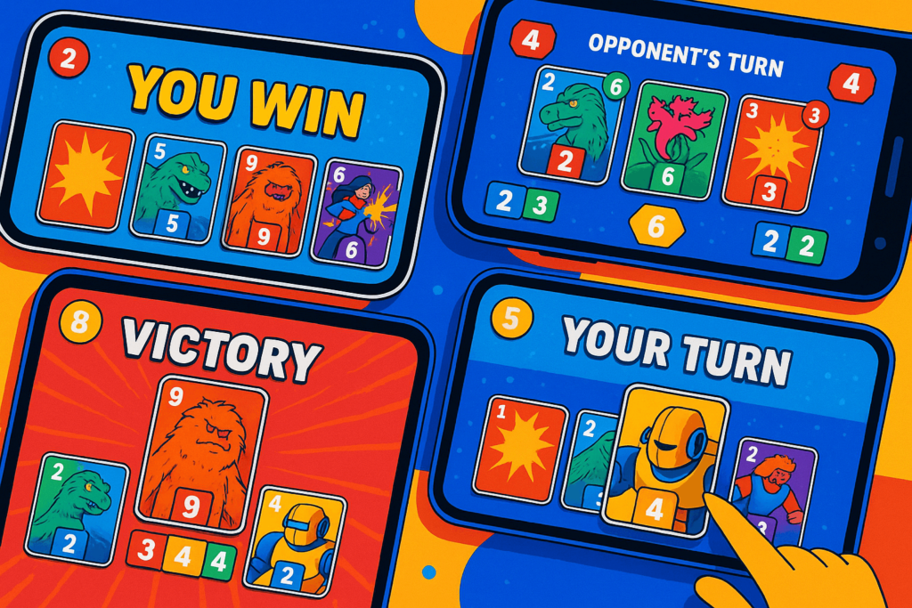 Colorful mobile card game interface collage.