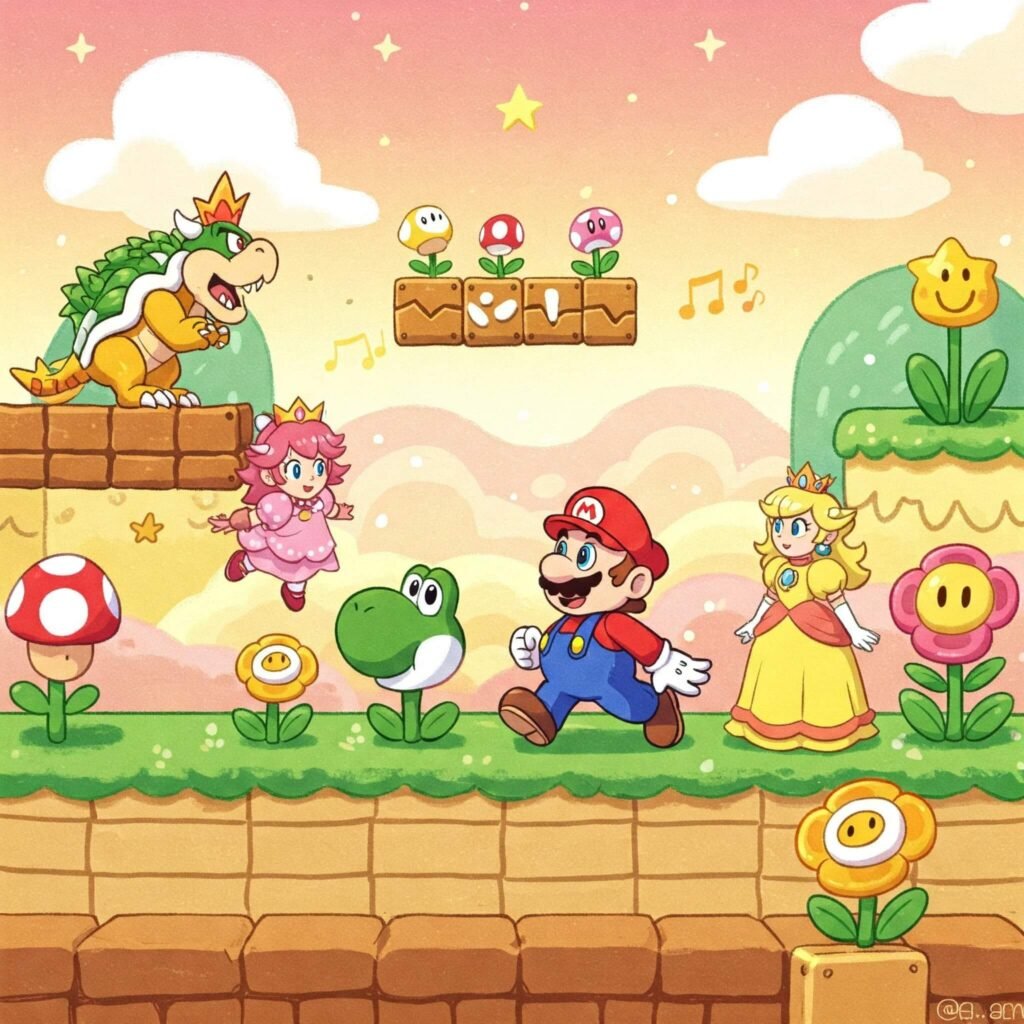 A cheerful scene from Super Mario Bros