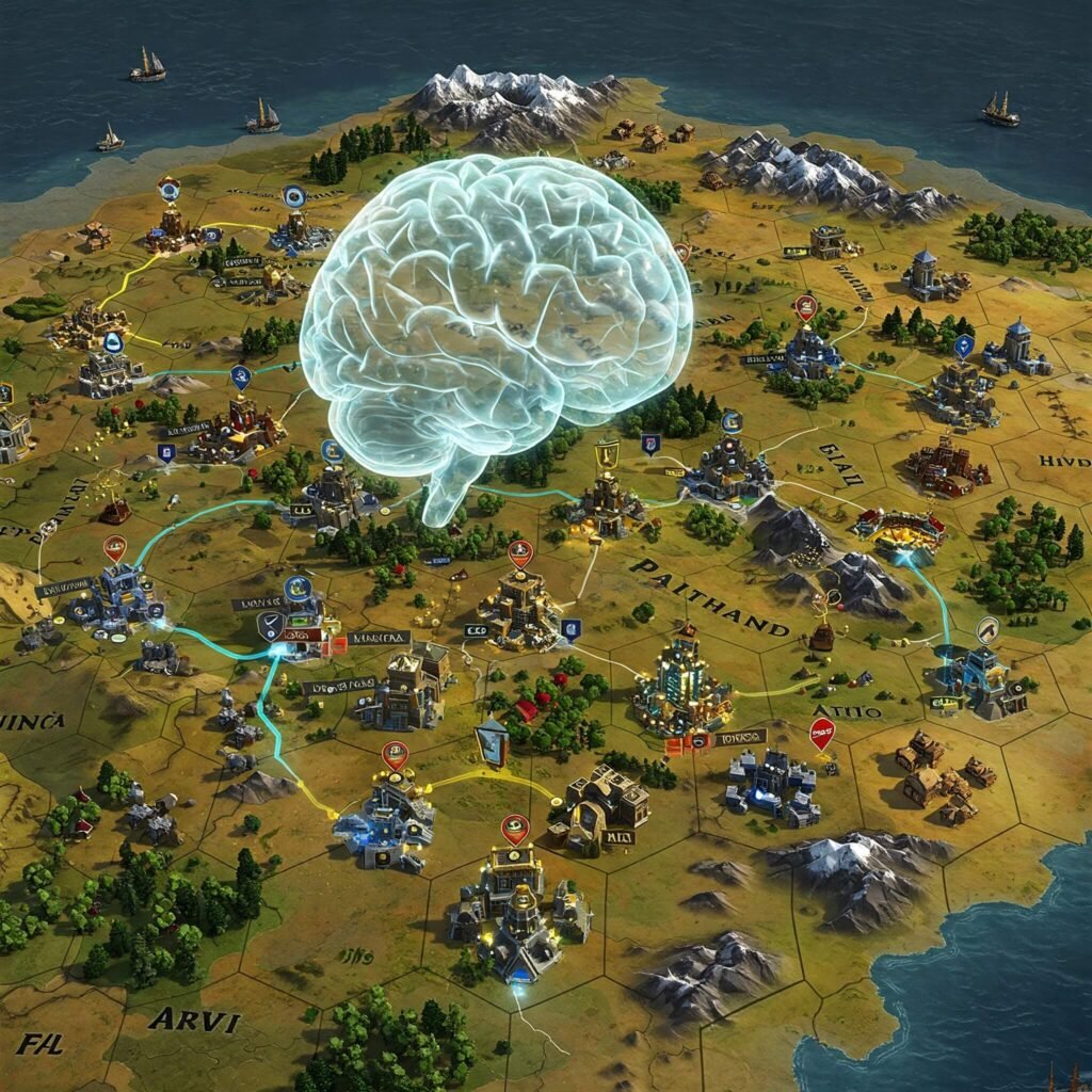 Civilization VI-inspired strategy map with glowing cities