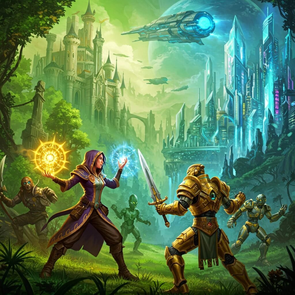 Epic MMORPG landscapes with adventurers