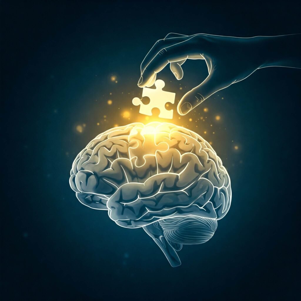 Puzzle pieces around glowing brain illustration.