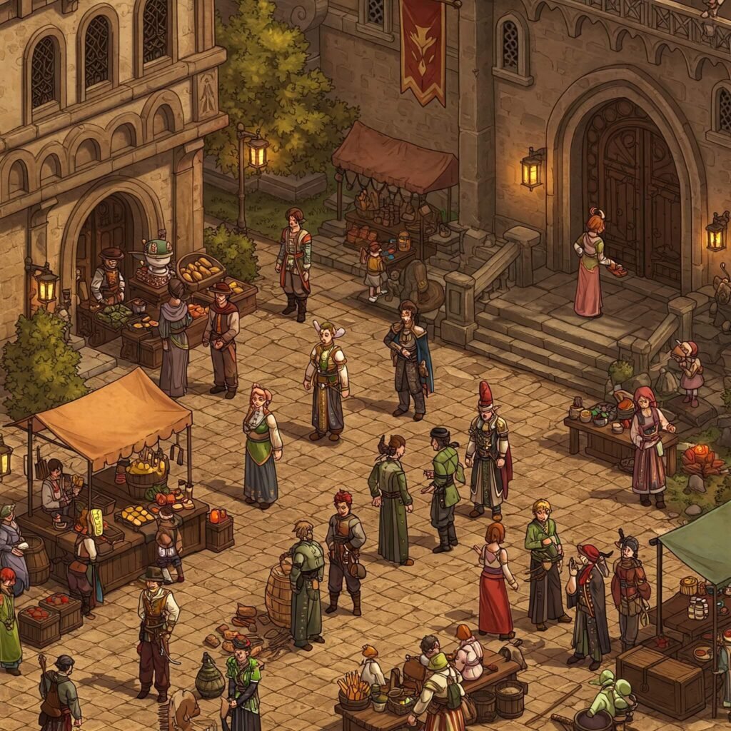 Vibrant MMORPG city with players.