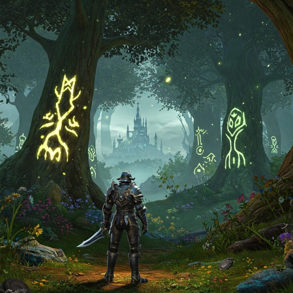 Magical forest with glowing runes.