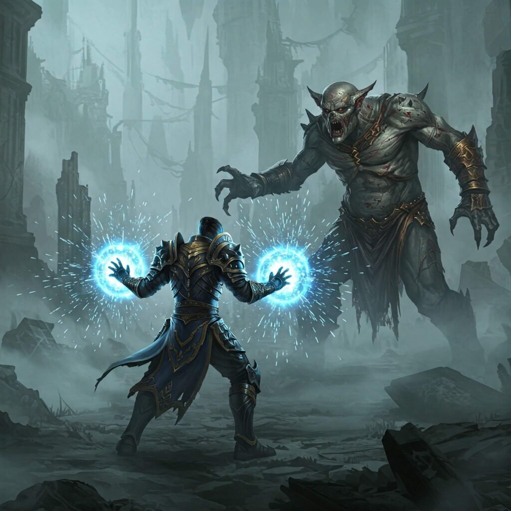 Warrior casts spell against boss.