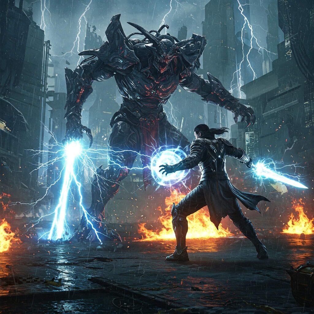 Hero battles boss in action RPG.