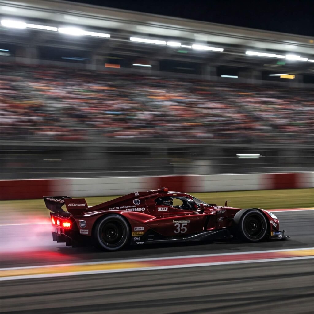 Racecar speeding in vibrant stadium.