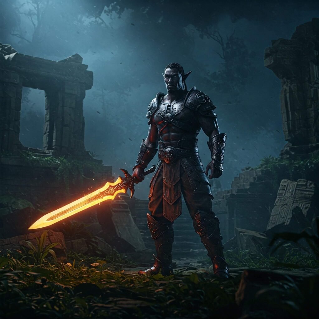 Cinematic game character in action.
