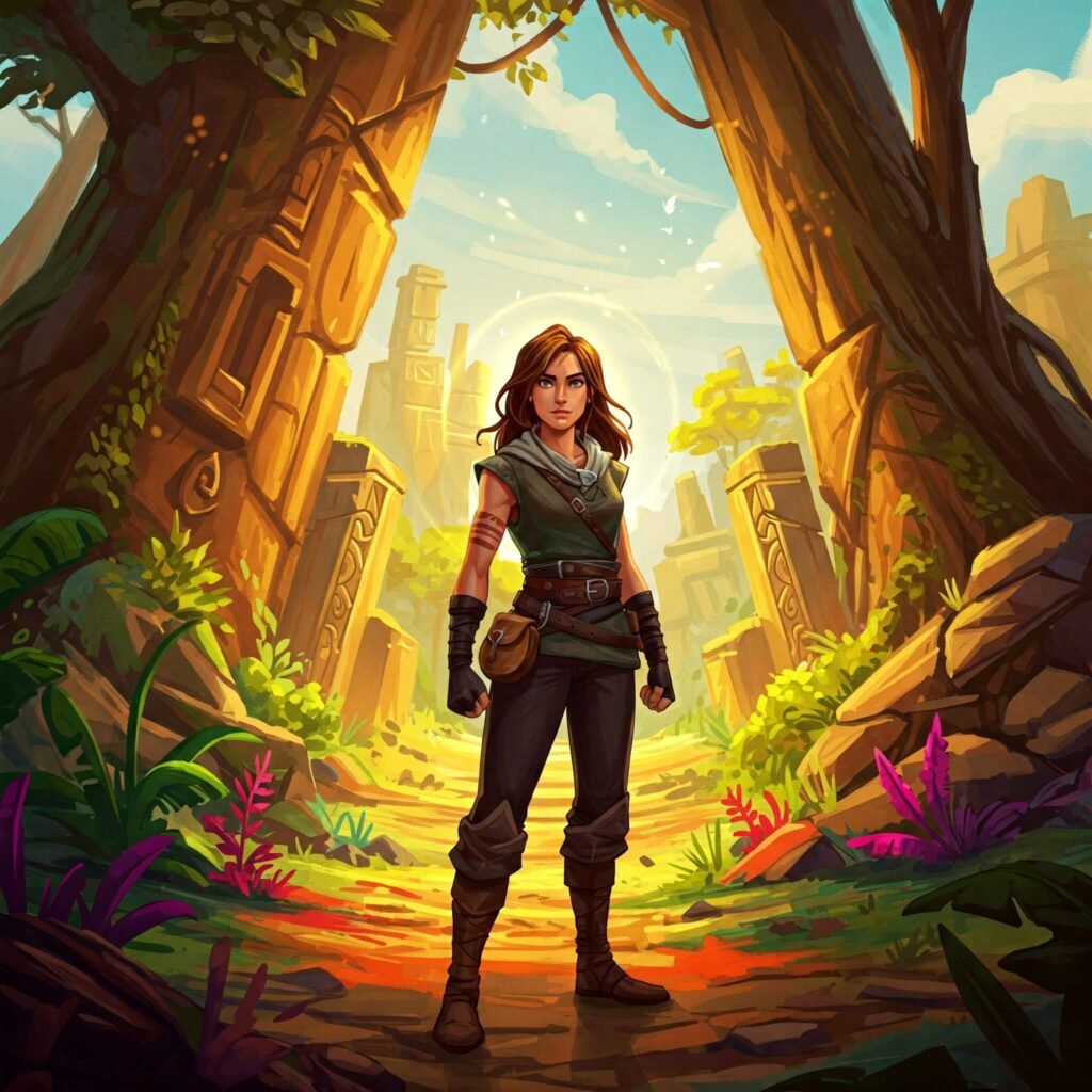Narrative game character in lush world