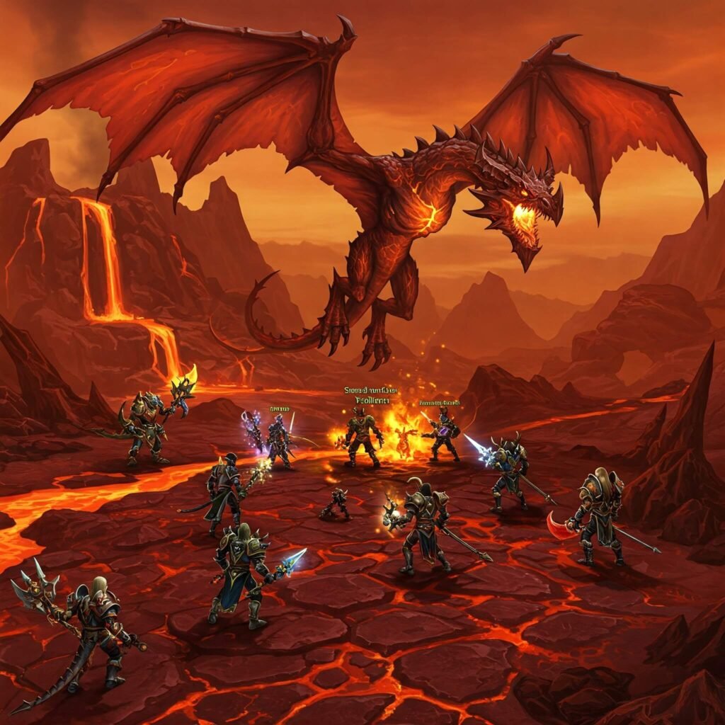 Adventurers battle dragon in volcano
