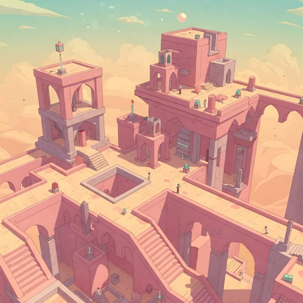 Vibrant Monument Valley puzzle game screenshot.