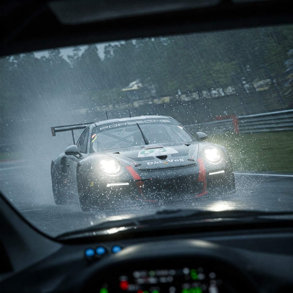 GT3 car in rainy Assetto Corsa.