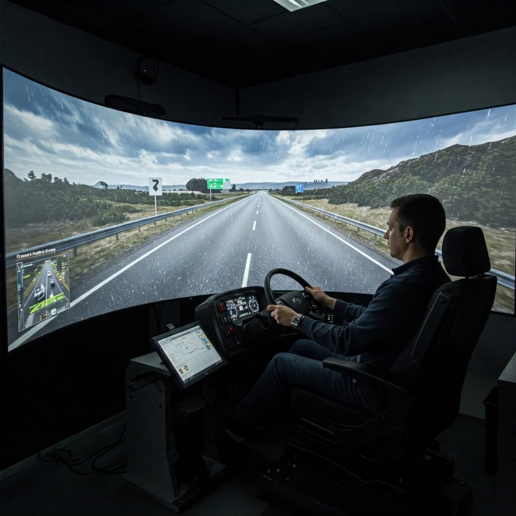 Truck driver in driving simulator