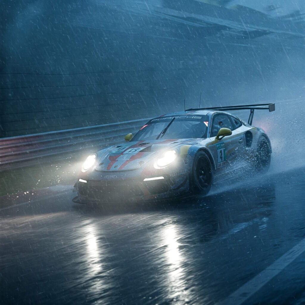 Rain-soaked racing track
