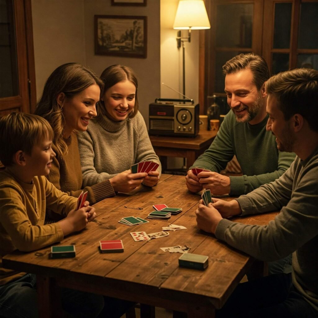 Family playing classic Rummy game