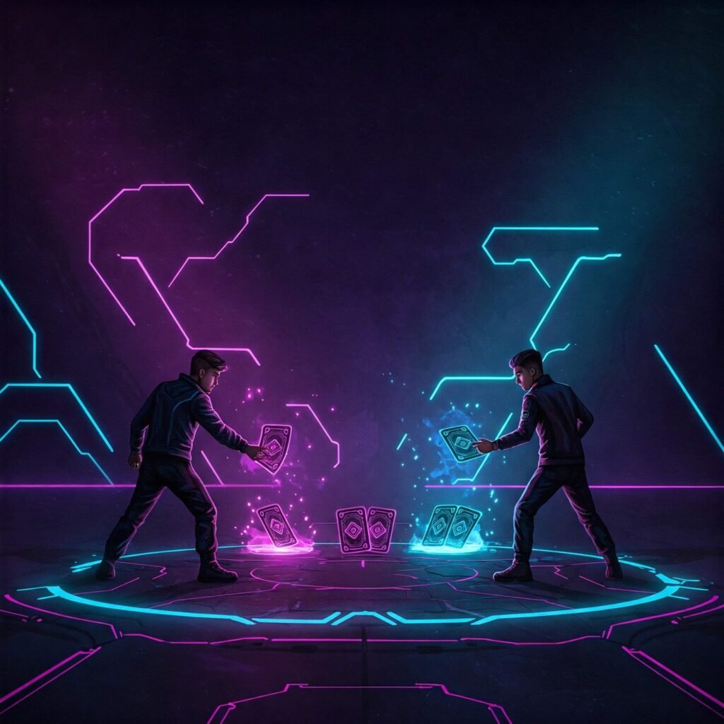 Glowing cards on futuristic battlefield.