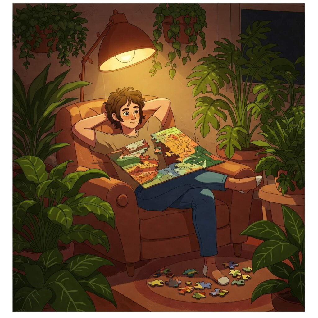 Person relaxing with jigsaw puzzle