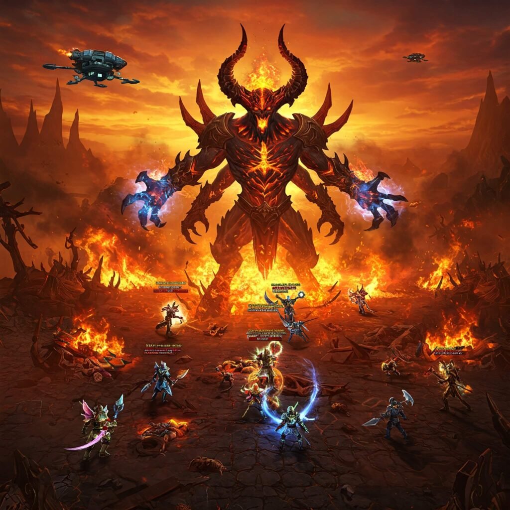 Epic MMORPG boss battle scene.