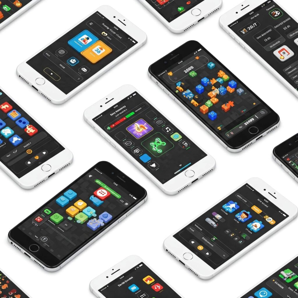 Mobile devices displaying puzzle game interfaces.