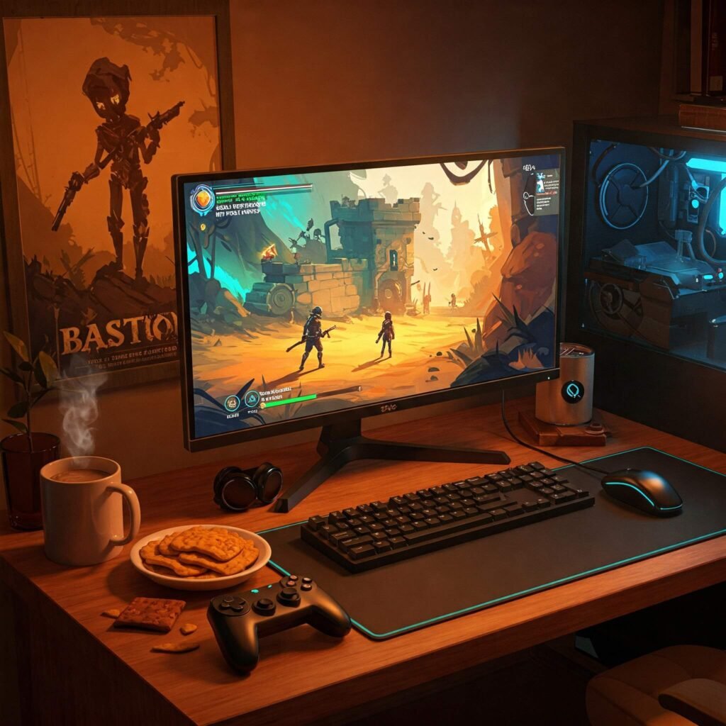 Gamer plays RPG in cozy setup