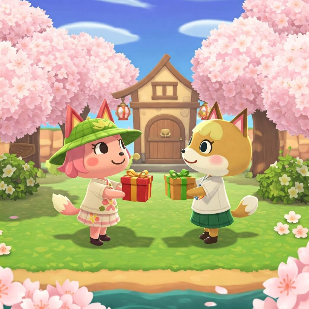 Characters exchanging gifts on island