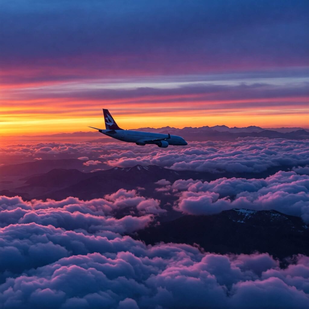 Flight simulator jet over clouds