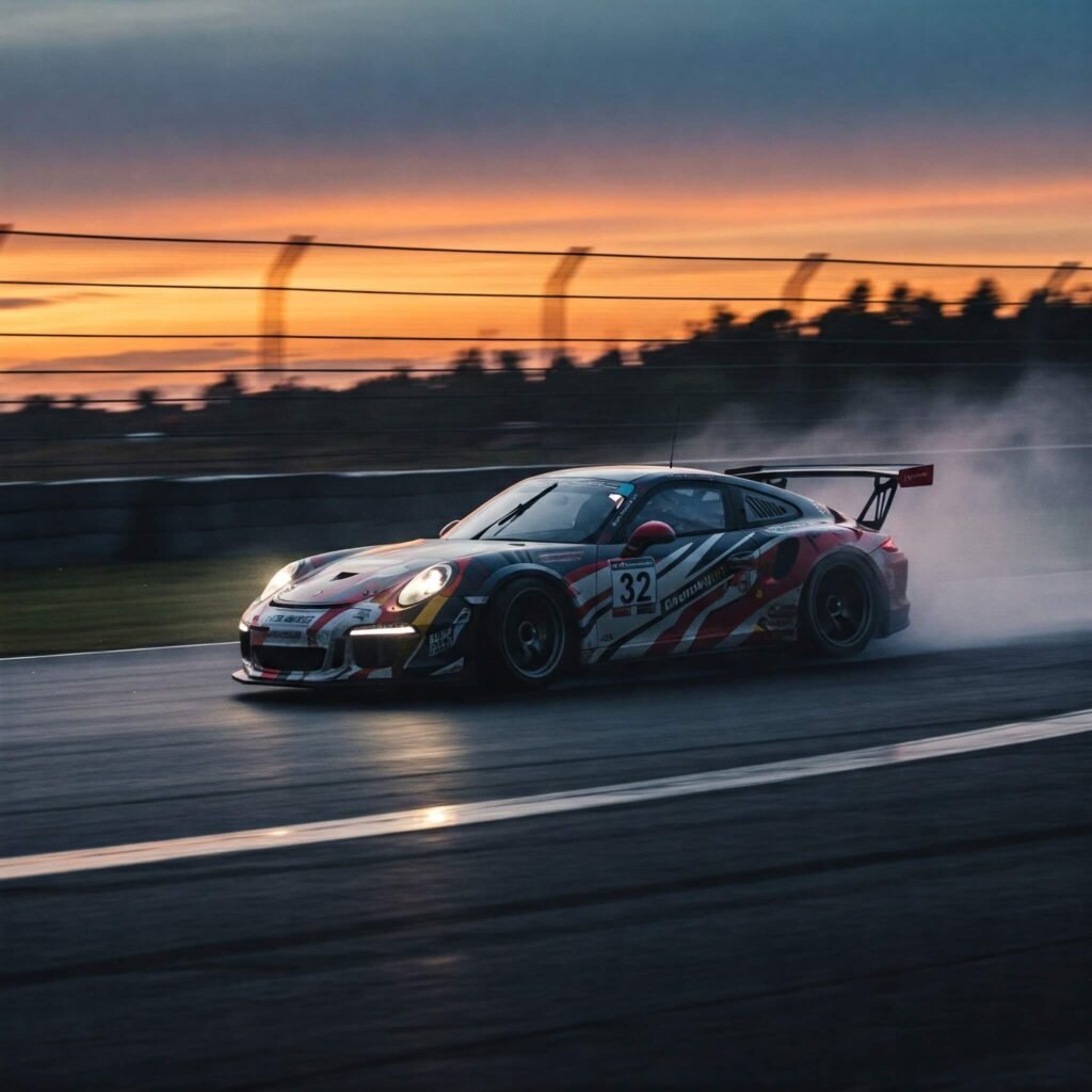 GT3 car drifting on wet track.
