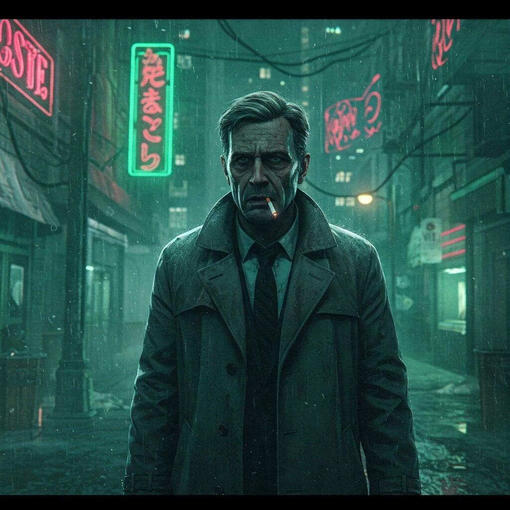 Detective in gritty cityscape.