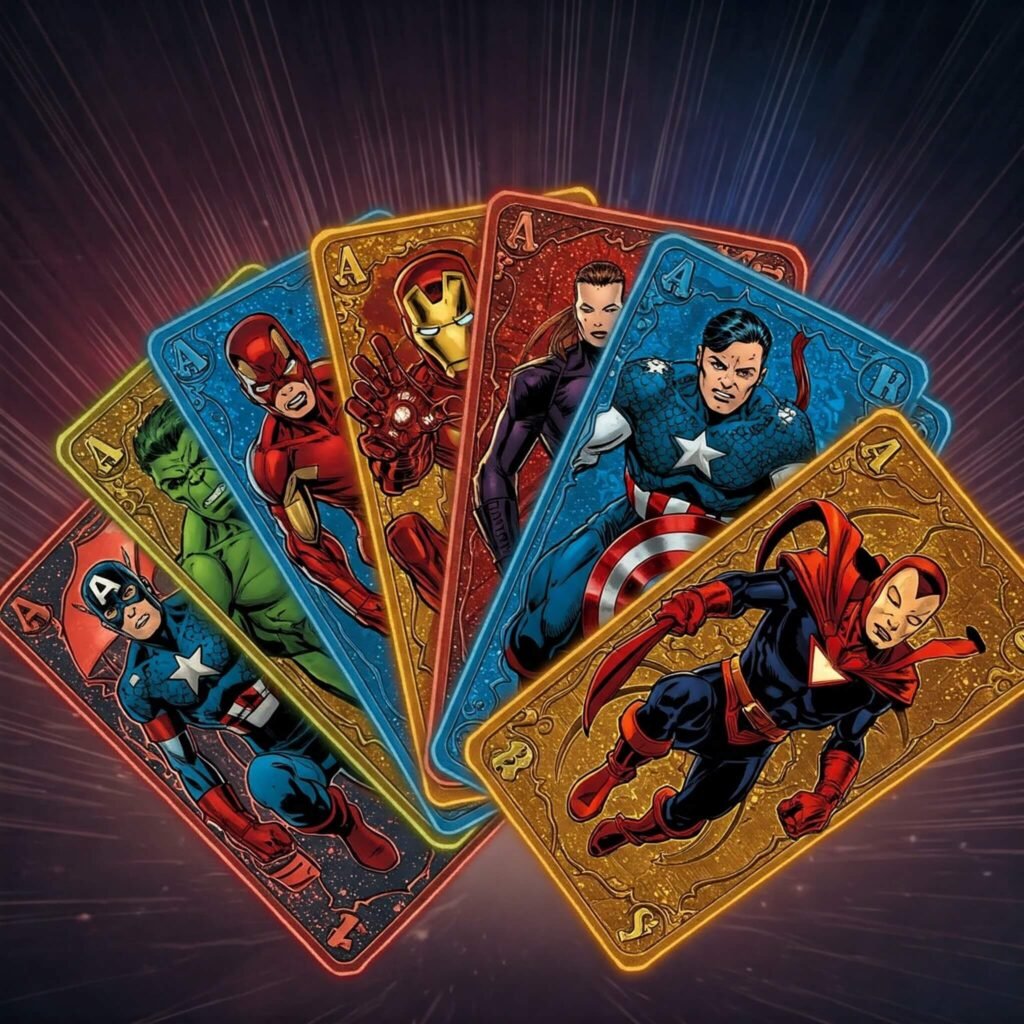 Marvel superhero cards in fan shape.
