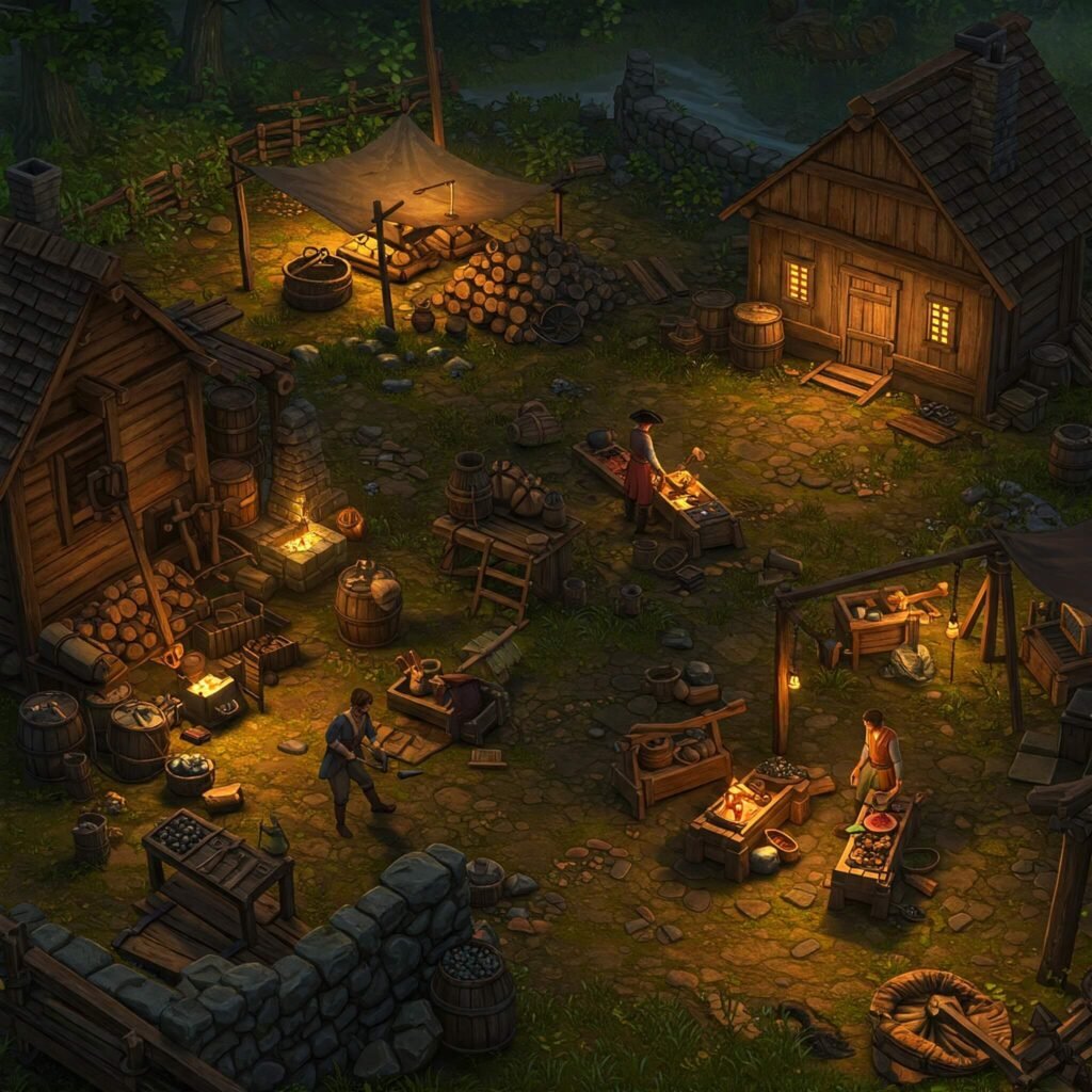 Players craft in colonial settlement.