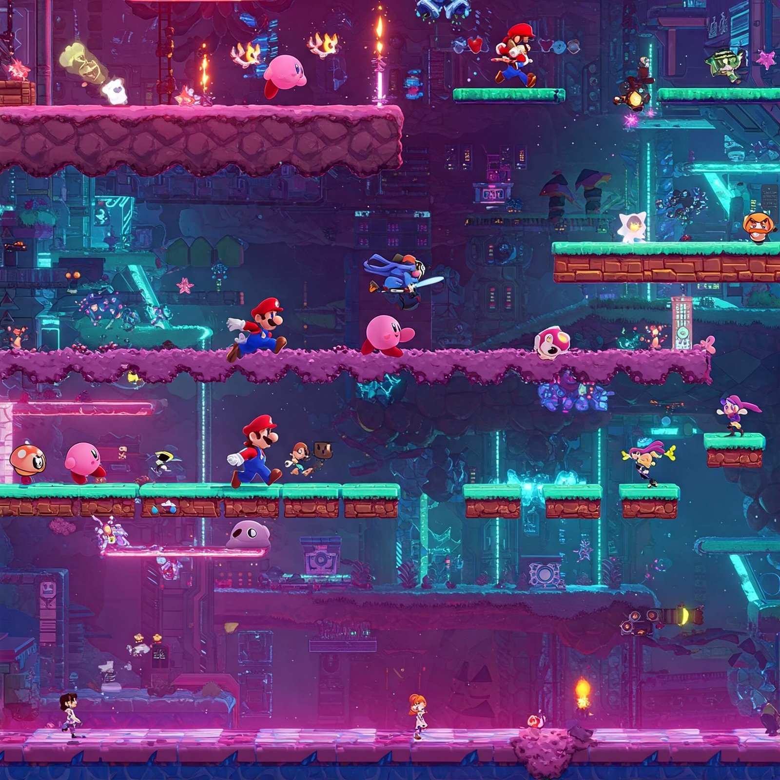 A dynamic montage of platformer game scenes