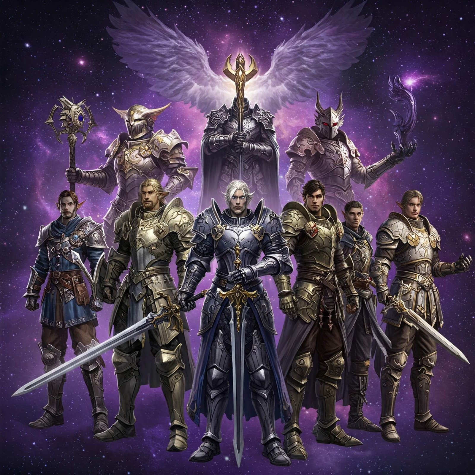 Heroic MMORPG characters in cosmic scene