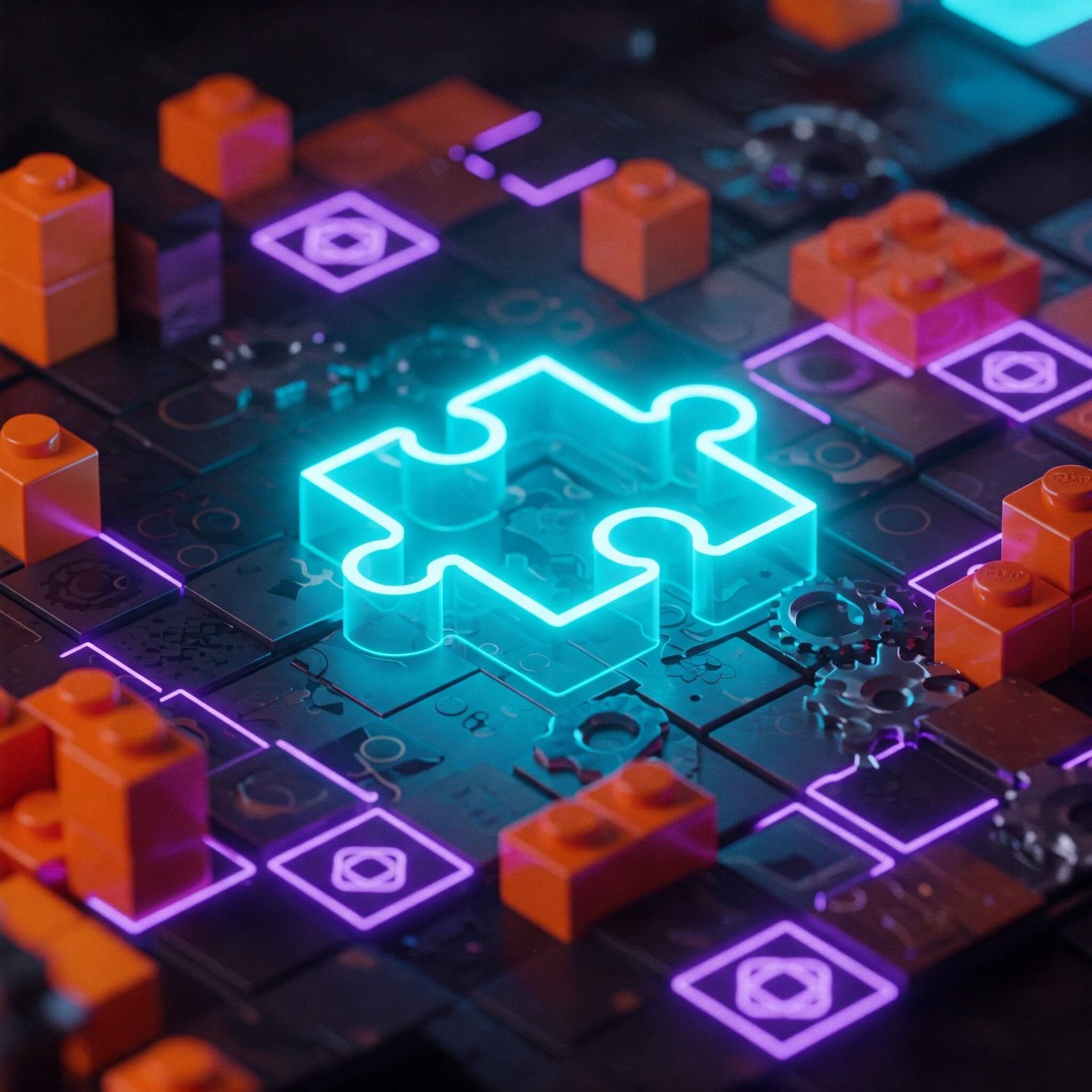puzzle piece surrounded by game elements like tiles