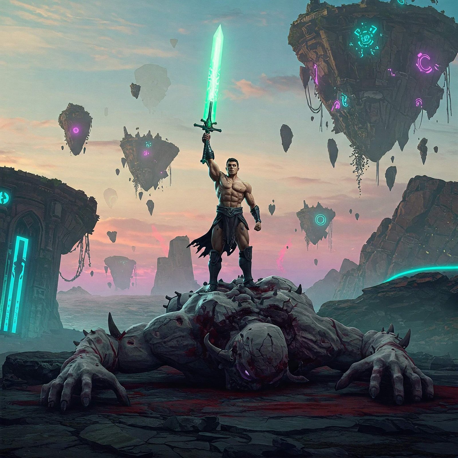 A lone hero standing triumphantly over a defeated boss