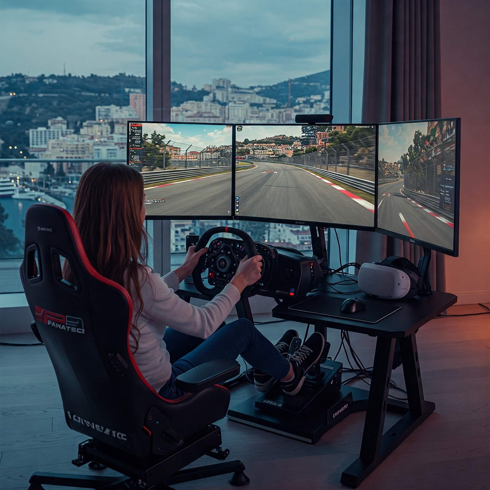 Sim racing cockpit with triple monitors.
