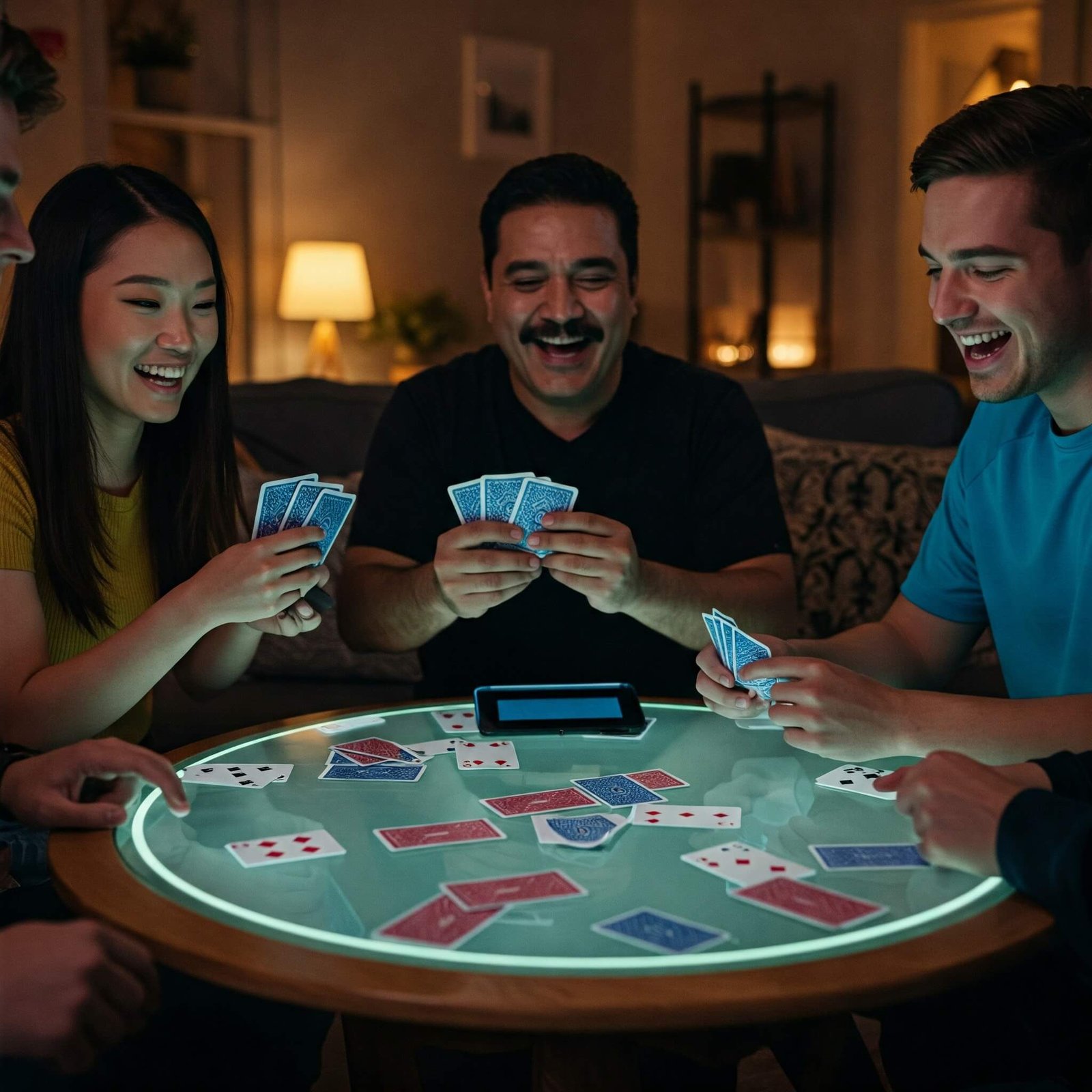 A group of diverse friends laughing around a virtual card table