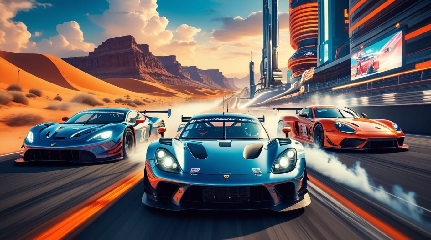 Racecars speeding on diverse tracks.
