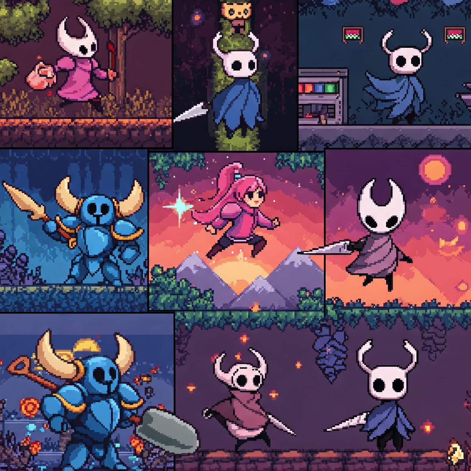 Retro platformer pixel art collage