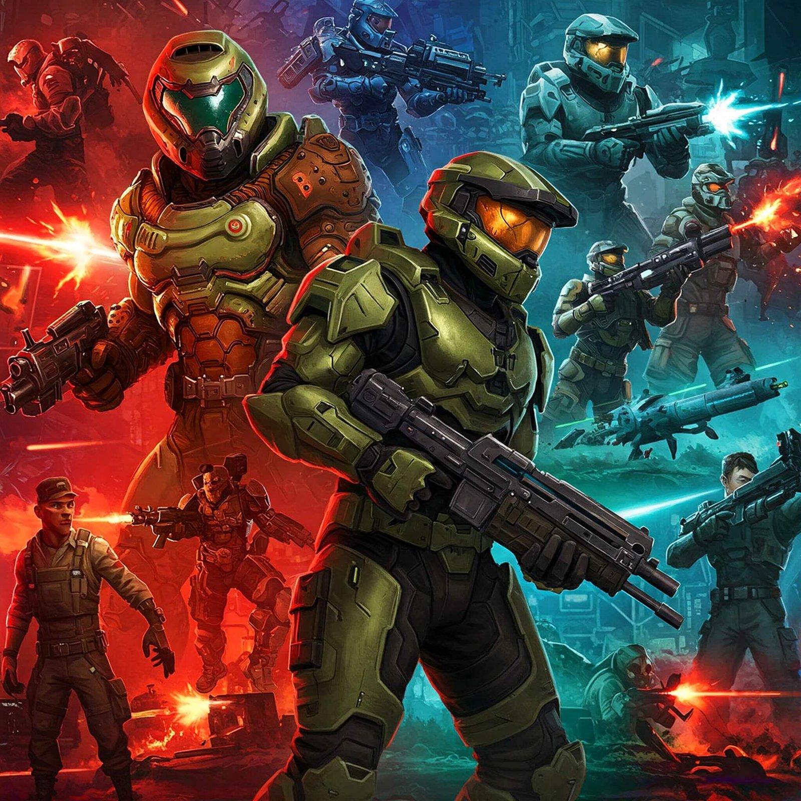 A collage of shooter game characters