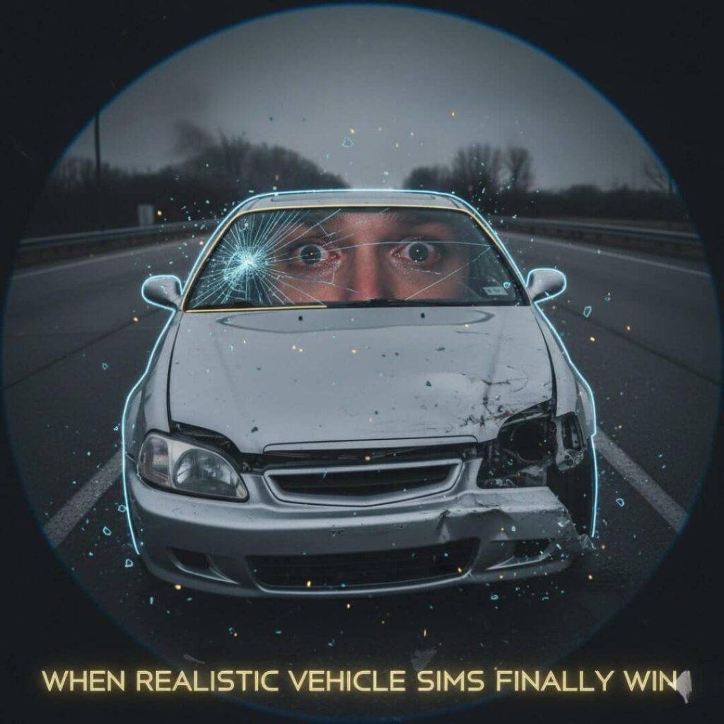 Fisheye view of a wrecked car with eyes reflected in the windshield.
