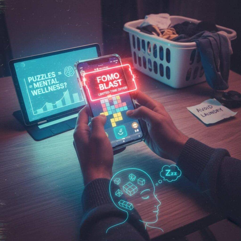 Man plays mobile game, ignoring laundry, with mental health stats.