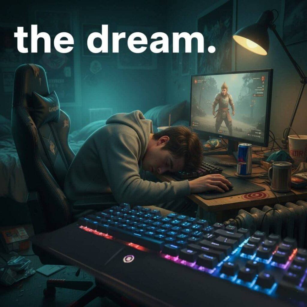 Gamer asleep on keyboard, character idling on screen.