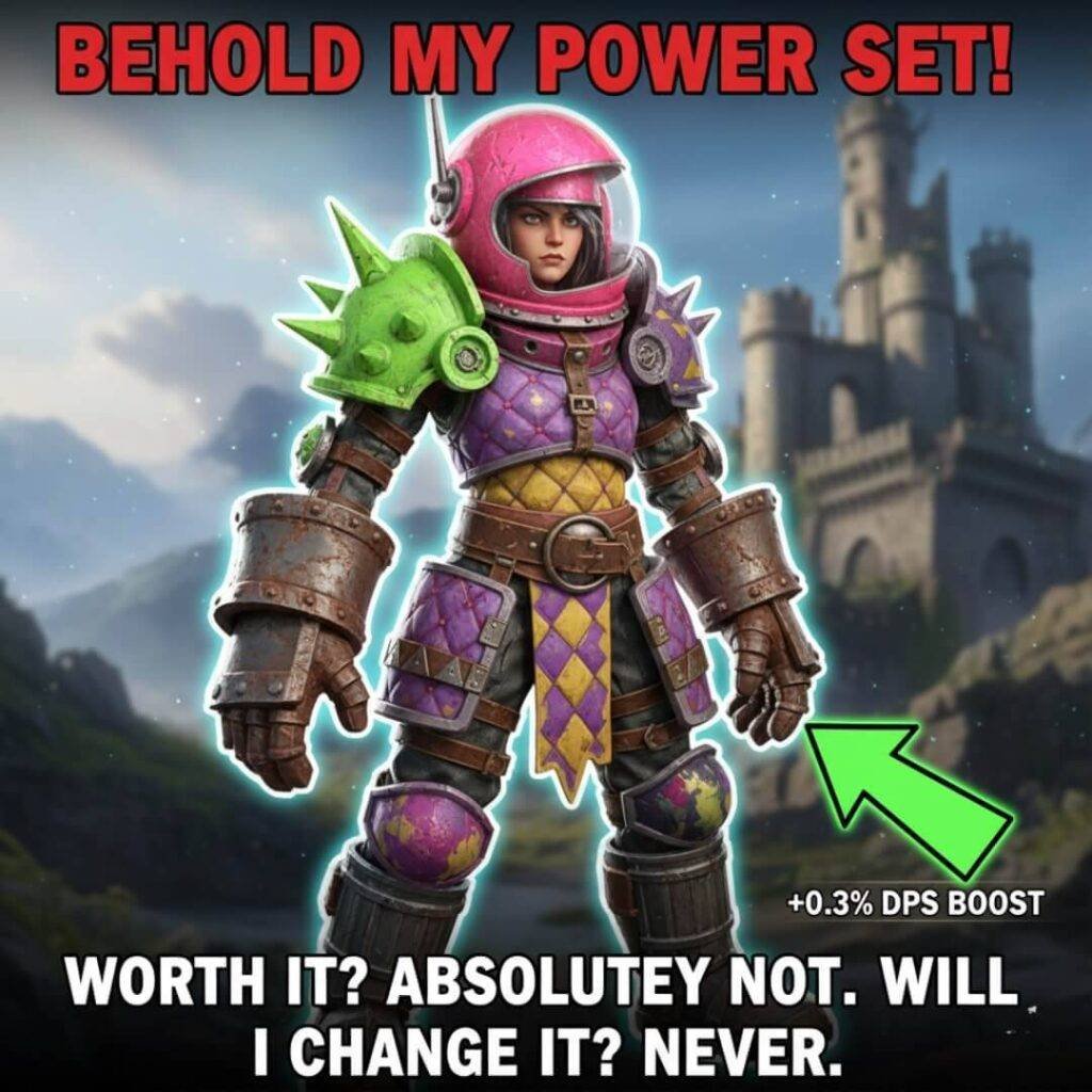 Character in ugly, mismatched armor with minor stat boost.