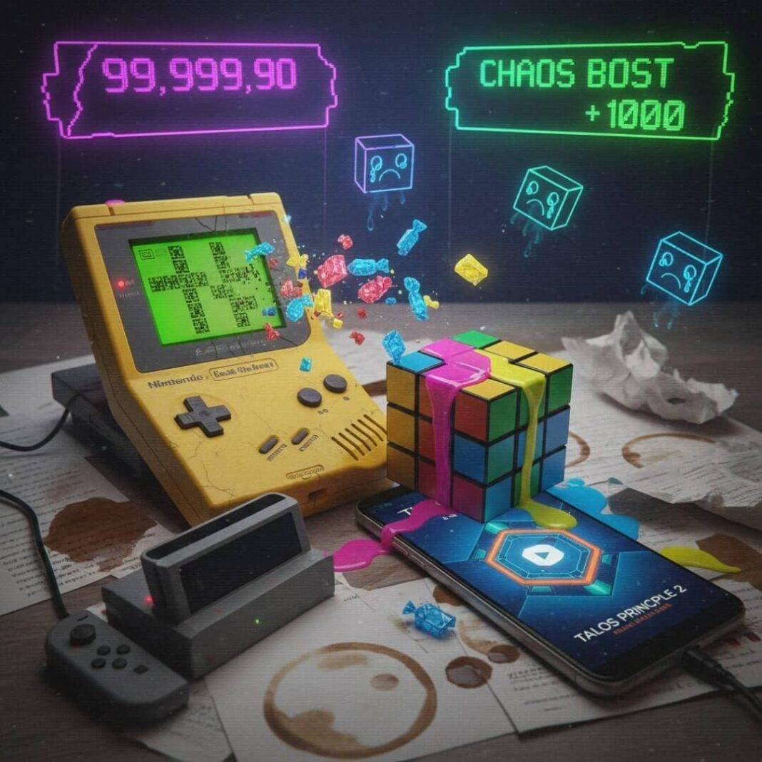 Retro gaming chaos on a desk.