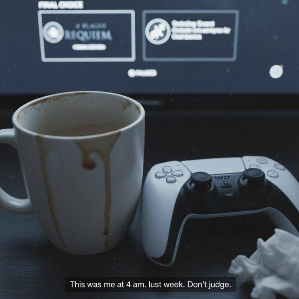 Coffee mug, PS5 controller, and game on TV.