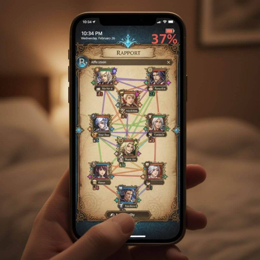 Phone lock screen with Unicorn Overlord rapport menu and 37% battery.