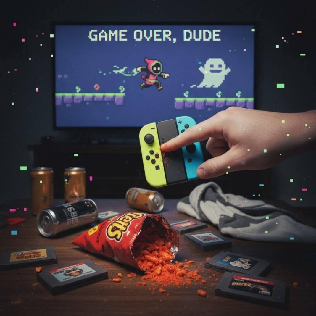 Gaming setup with snacks, retro cartridges, and a Switch.