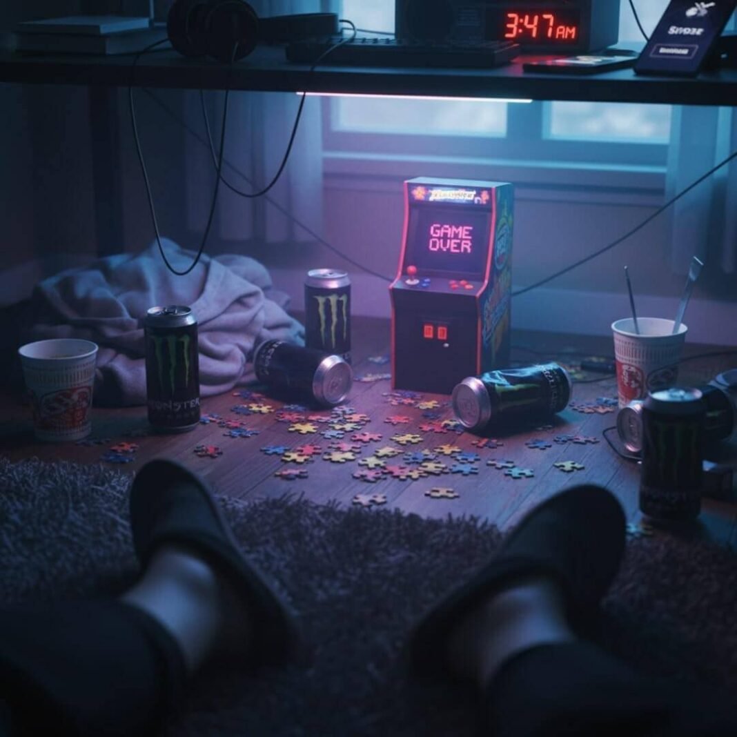 Under-desk shot: gaming chaos, energy drinks, puzzle pieces, late night.