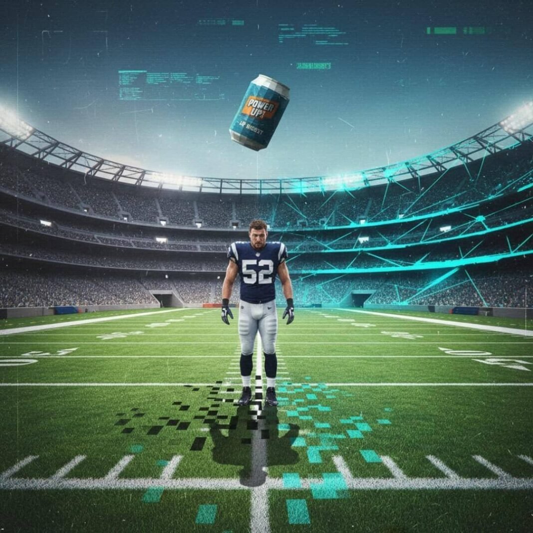 Football player in a glitching stadium with a low-poly energy drink.