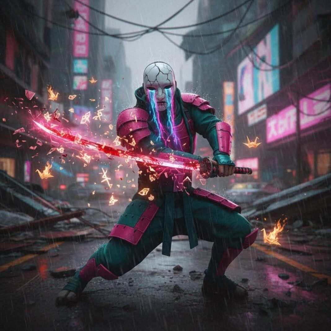 Cyberpunk warrior with blood-splattered katana in a ruined city.