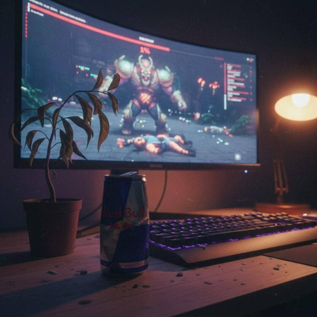 Gaming setup, dead character, dying plant, Red Bull.